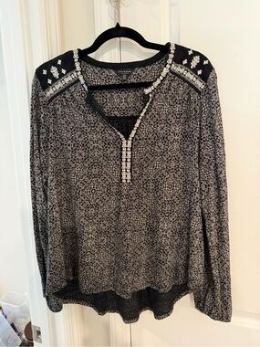 Lucky Brand Black and White Printed Embroidered Long-Sleeve Top